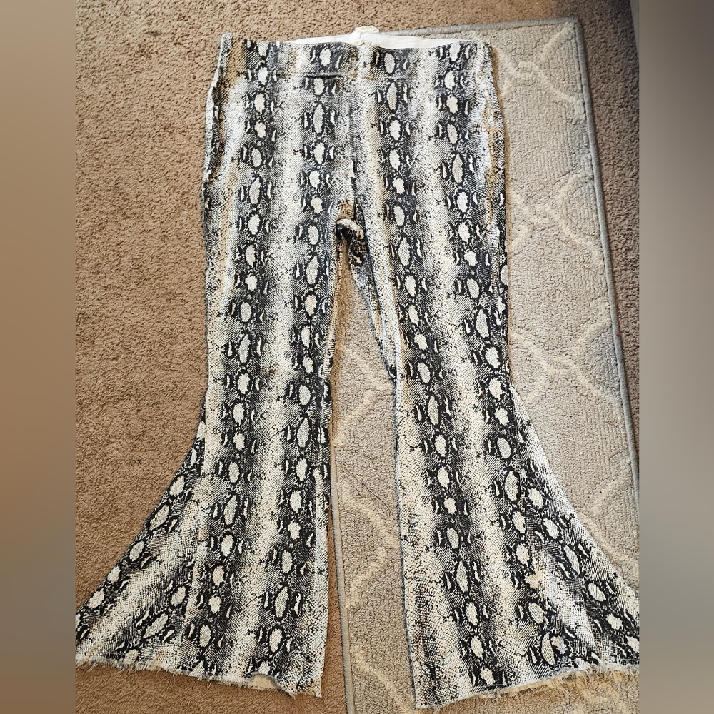 Python snakeskin stretch pull on plus size bell bottoms flare legged jeans